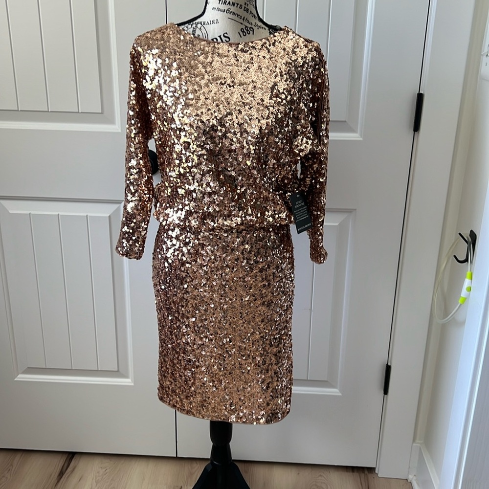NWT Boston Proper Sequin Blouson Three Quarter Sleeve Dress Rose Gold